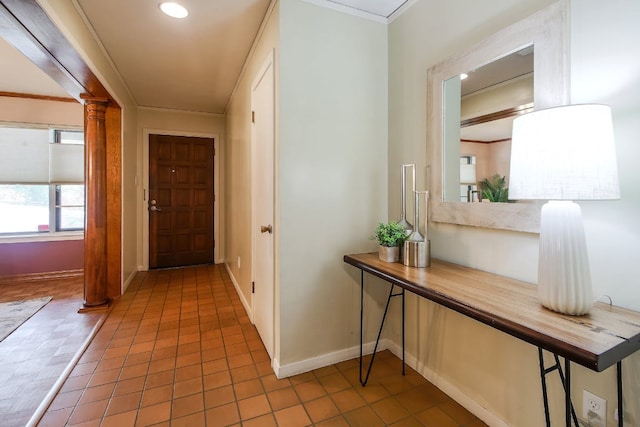 1005 Salem Ln, Austin, TX 78753 - hallway with baseboards, decorative columns, ornamental molding, recessed lighting, and tile patterned floors
