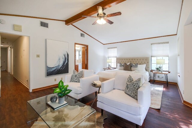 1005 Salem Ln, Austin, TX 78753 - bedroom featuring dark wood-style floors, baseboards, a ceiling fan, and ornamental molding