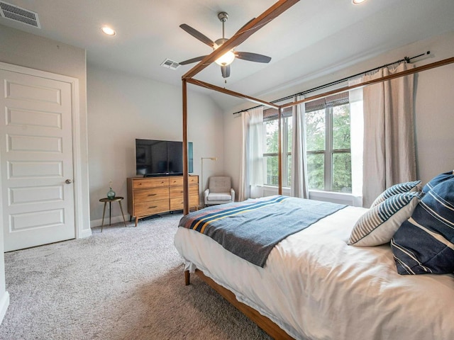 114 Loysoya St, Bastrop, TX 78602 - carpeted bedroom with recessed lighting, vaulted ceiling, and ceiling fan