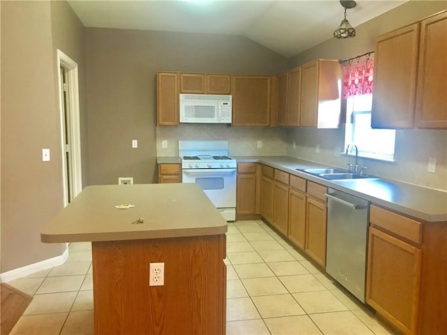 2210 Amy Lynn Ln, Cedar Park, TX 78613 - kitchen with white appliances, a sink, light tile patterned flooring, a kitchen island, and tasteful backsplash