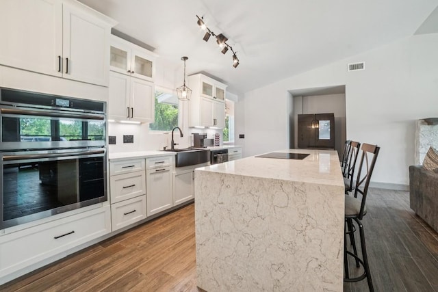 9600 Claxton Dr, Austin, TX 78736 - kitchen with double oven, a sink, dark wood-style flooring, lofted ceiling, and a kitchen bar