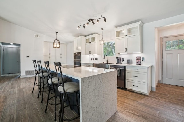 9600 Claxton Dr, Austin, TX 78736 - kitchen with stainless steel appliances, plenty of natural light, white cabinets, dark wood-style floors, and lofted ceiling