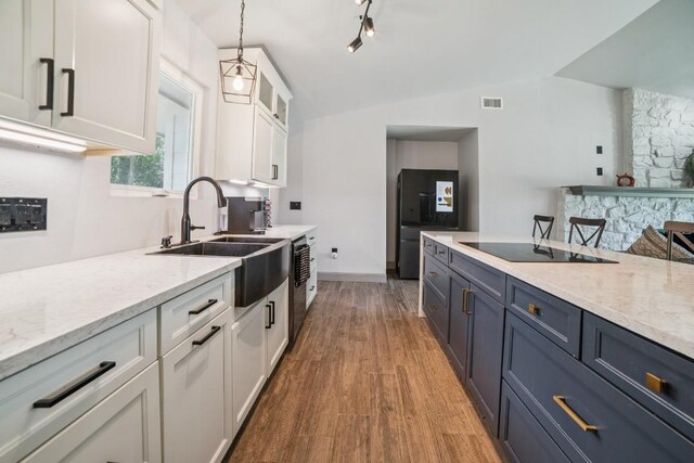 9600 Claxton Dr, Austin, TX 78736 - kitchen featuring black appliances, white cabinetry, vaulted ceiling, wood finished floors, and glass insert cabinets