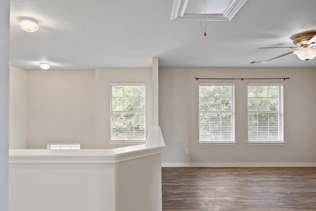 383 Spring Dr, Kyle, TX 78640 - hallway with attic access, healthy amount of natural light, dark wood-style flooring, baseboards, and a textured ceiling