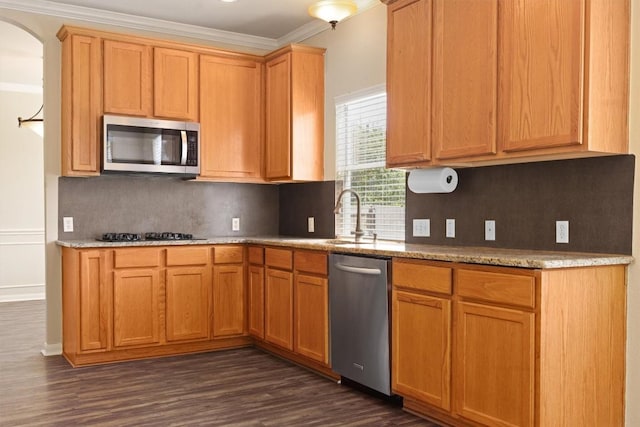 383 Spring Dr, Kyle, TX 78640 - kitchen with stainless steel appliances, dark wood-style floors, crown molding, backsplash, and a sink