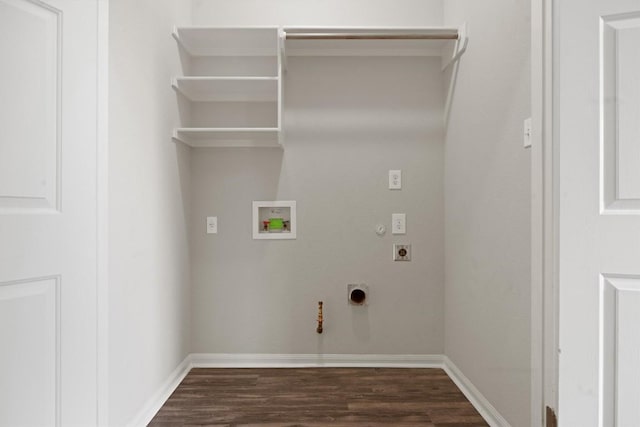 383 Spring Dr, Kyle, TX 78640 - laundry room featuring hookup for a gas dryer, electric dryer hookup, dark wood finished floors, hookup for a washing machine, and baseboards