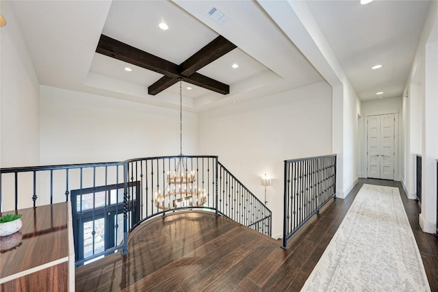 8100 Magnolia Ridge Cv, Austin, TX 78738 - corridor with a chandelier, wood finished floors, beam ceiling, coffered ceiling, and recessed lighting