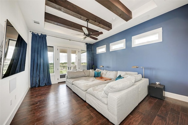 8100 Magnolia Ridge Cv, Austin, TX 78738 - living area with french doors, beam ceiling, a ceiling fan, healthy amount of natural light, and baseboards
