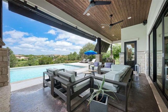 8100 Magnolia Ridge Cv, Austin, TX 78738 - view of patio with an outdoor hangout area, a ceiling fan, and an outdoor pool