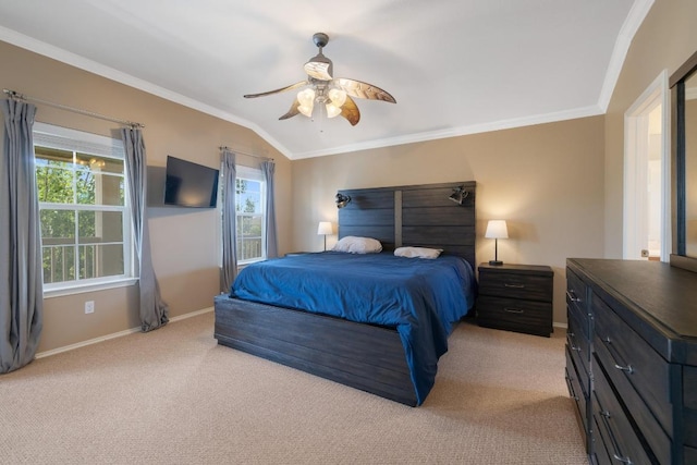 1813 Indian Lodge Dr, Cedar Park, TX 78613 - bedroom with crown molding, light colored carpet, vaulted ceiling, and ceiling fan
