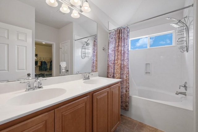 1813 Indian Lodge Dr, Cedar Park, TX 78613 - bathroom with shower / tub combo, double vanity, and tile patterned floors