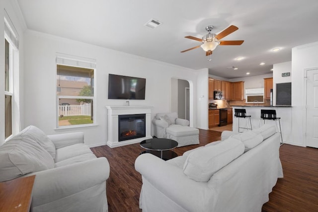 1813 Indian Lodge Dr, Cedar Park, TX 78613 - living area featuring a ceiling fan, dark wood-type flooring, a glass covered fireplace, ornamental molding, and recessed lighting