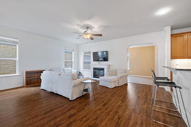 1813 Indian Lodge Dr, Cedar Park, TX 78613 - living room featuring ceiling fan, dark wood finished floors, a glass covered fireplace, and arched walkways