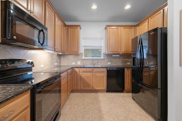 1813 Indian Lodge Dr, Cedar Park, TX 78613 - kitchen with black appliances, backsplash, recessed lighting, and dark stone counters