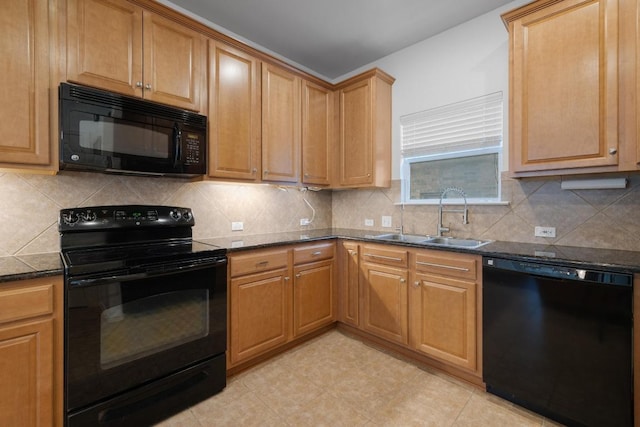 1813 Indian Lodge Dr, Cedar Park, TX 78613 - kitchen featuring black appliances, tasteful backsplash, and dark stone countertops