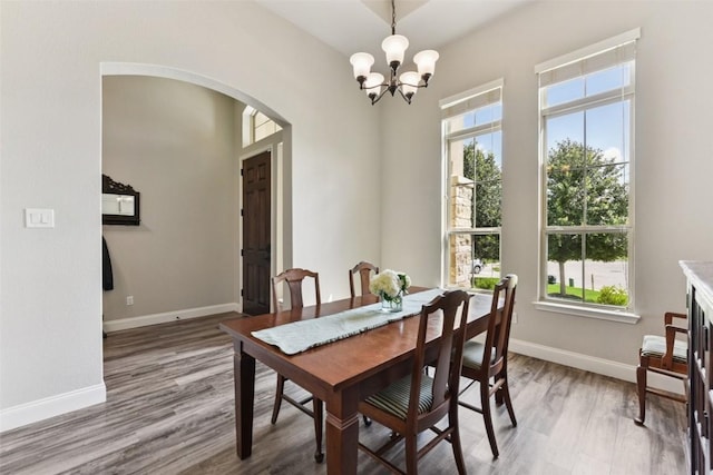 104 Blue Agave Ln, Georgetown, TX 78626 - dining space with arched walkways, a chandelier, wood finished floors, and baseboards