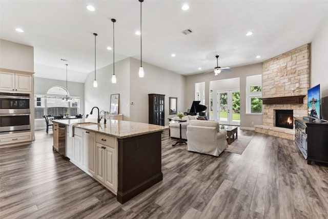 104 Blue Agave Ln, Georgetown, TX 78626 - kitchen with appliances with stainless steel finishes, a fireplace, dark wood-style flooring, ceiling fan, and recessed lighting
