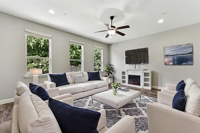 104 Blue Agave Ln, Georgetown, TX 78626 - living room with a ceiling fan, baseboards, wood finished floors, recessed lighting, and a lit fireplace