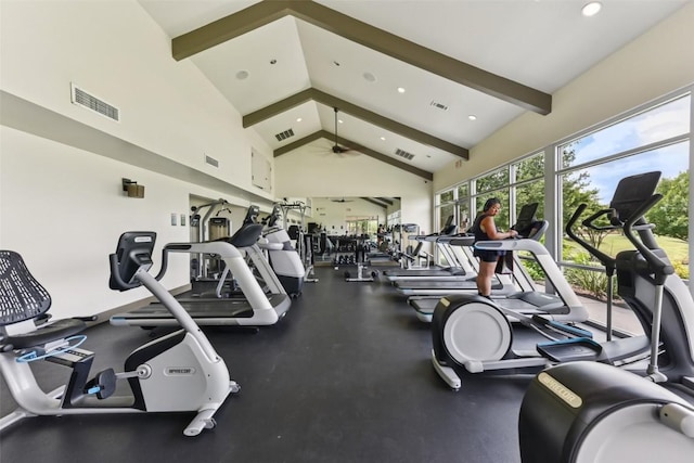 104 Blue Agave Ln, Georgetown, TX 78626 - gym with beam ceiling, ceiling fan, recessed lighting, and high vaulted ceiling