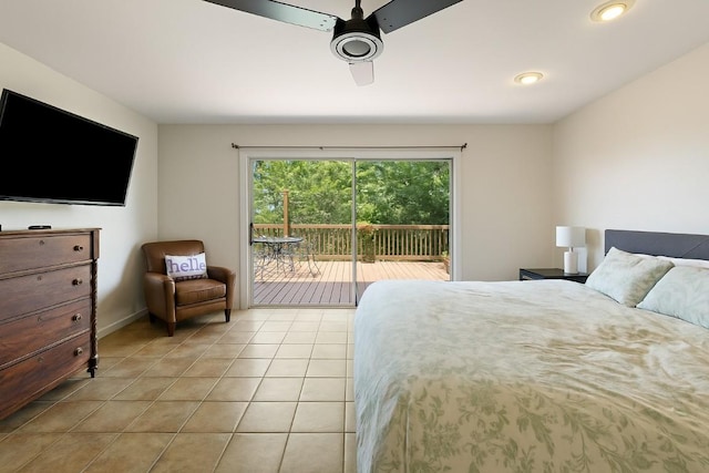 108 Highlander St, Lakeway, TX 78734 - bedroom featuring access to outside, light tile patterned flooring, and a ceiling fan