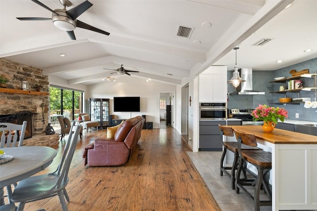 108 Highlander St, Lakeway, TX 78734 - living area featuring ceiling fan, light wood-style floors, and a fireplace