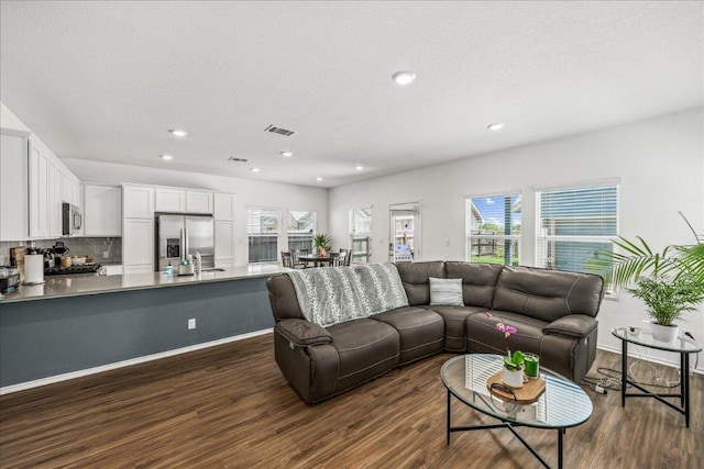 1725 Cobblecrest Ln, Leander, TX 78641 - living area with dark wood-type flooring, plenty of natural light, recessed lighting, and a textured ceiling