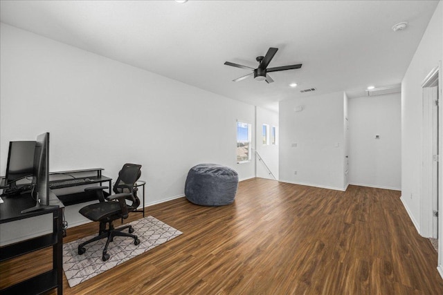 1725 Cobblecrest Ln, Leander, TX 78641 - office area with wood finished floors, ceiling fan, and recessed lighting