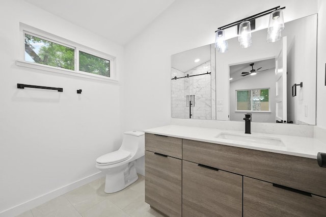 1006 Chericoo St, Austin, TX 78702 - full bath with lofted ceiling, vanity, a tile shower, ceiling fan, and tile patterned flooring
