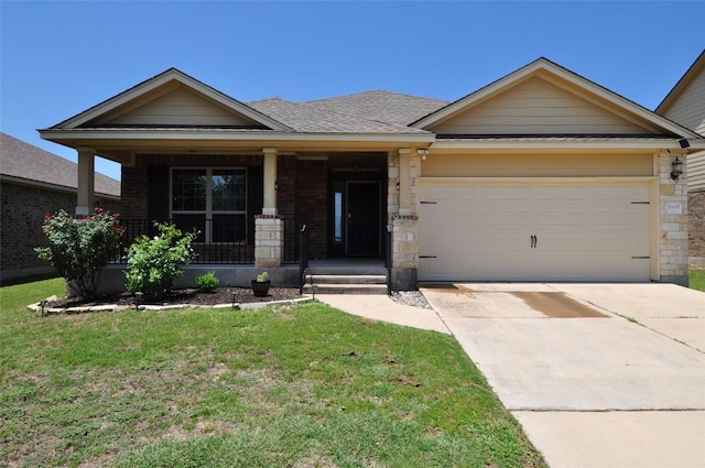 16805 Ruggio Rd, Pflugerville, TX 78660 - view of front of house with a garage, a front lawn, a porch, driveway, and stone siding