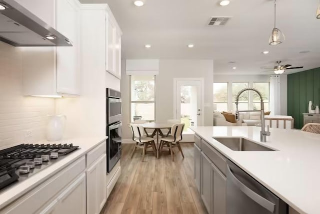 217 Peach Orchard Ln, Georgetown, TX 78628 - kitchen with a sink, wall chimney exhaust hood, appliances with stainless steel finishes, light wood finished floors, and light countertops