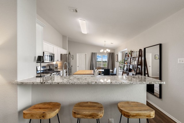 229 Wild Plum, San Marcos, TX 78666 - kitchen featuring stainless steel appliances, a peninsula, lofted ceiling, white cabinets, and a chandelier