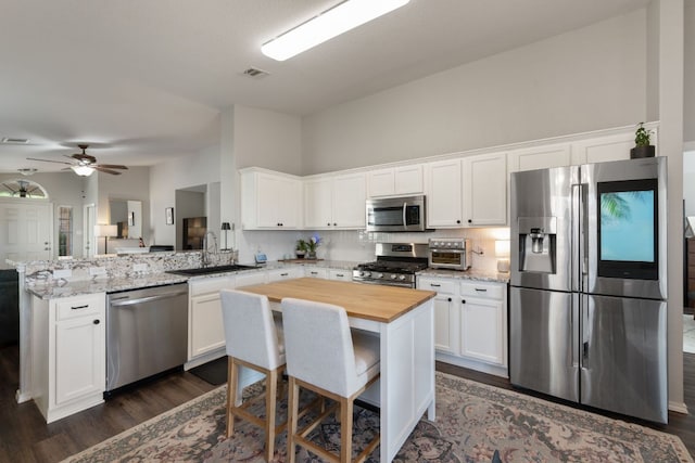 229 Wild Plum, San Marcos, TX 78666 - kitchen with appliances with stainless steel finishes, wood counters, dark wood-style floors, white cabinetry, and a peninsula