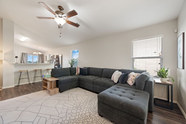 229 Wild Plum, San Marcos, TX 78666 - living room featuring ceiling fan, wood finished floors, and lofted ceiling