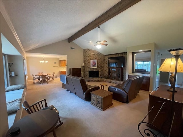 11311 Alhambra Dr, Austin, TX 78759 - living room with carpet flooring, ceiling fan, a chandelier, a fireplace, and a textured ceiling