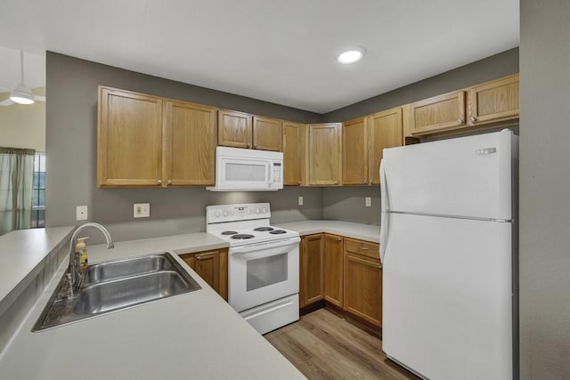 1219 Canyon Trce, Canyon Lake, TX 78133 - kitchen with white appliances, light wood-style floors, light countertops, and recessed lighting