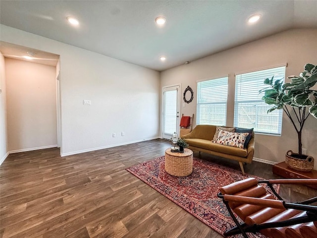 101 Calgary Ln, San Marcos, TX 78666 - living area featuring wood finished floors, recessed lighting, and vaulted ceiling