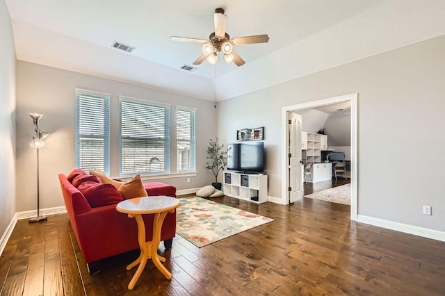 8216 Partridge Bend Cv, Austin, TX 78729 - living area featuring hardwood / wood-style floors, ceiling fan, lofted ceiling, and a desk
