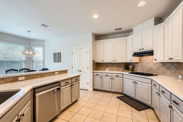 8216 Partridge Bend Cv, Austin, TX 78729 - kitchen featuring stainless steel dishwasher, under cabinet range hood, black gas stovetop, tasteful backsplash, and light tile patterned floors