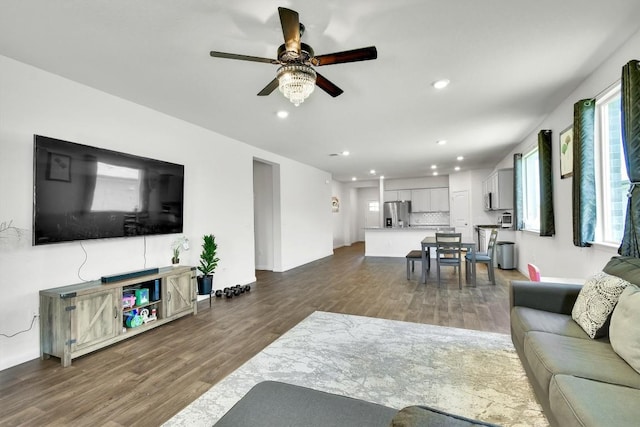 116 Charles Trl, Georgetown, TX 78626 - living area with recessed lighting, dark wood-style floors, and a ceiling fan
