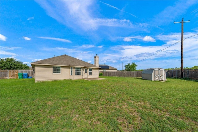 14513 Martial Eagle Dr, Elgin, TX 78621 - rear view of house with a storage unit, a fenced backyard, a patio area, and a chimney