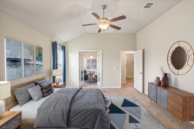 14513 Martial Eagle Dr, Elgin, TX 78621 - carpeted bedroom featuring vaulted ceiling and a ceiling fan