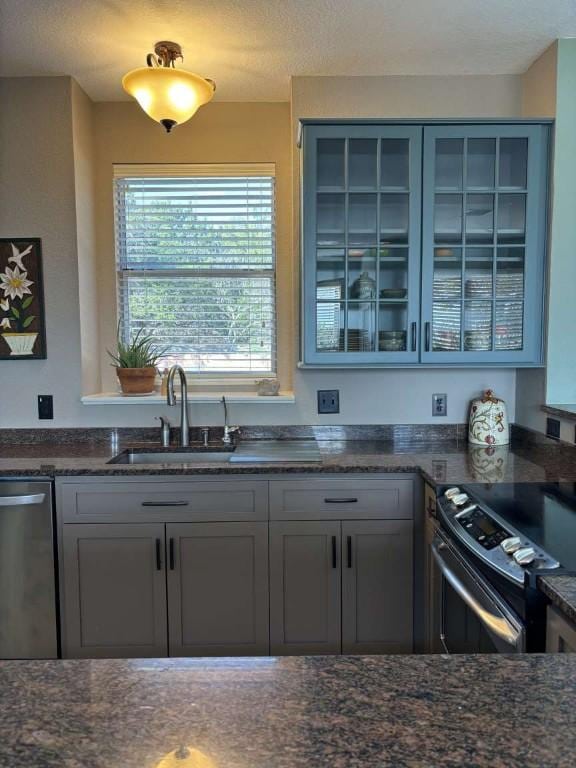18220 Shepherds Corral, Dripping Springs, TX 78620 - kitchen featuring a sink, stainless steel dishwasher, dark stone counters, glass insert cabinets, and range
