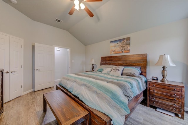 700 Indian Blanket St, Lockhart, TX 78644 - bedroom with light wood-style flooring, vaulted ceiling, and a ceiling fan