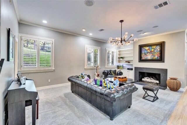 4812 Mantle Dr, Austin, TX 78746 - living area with a chandelier, crown molding, recessed lighting, a fireplace with flush hearth, and built in features