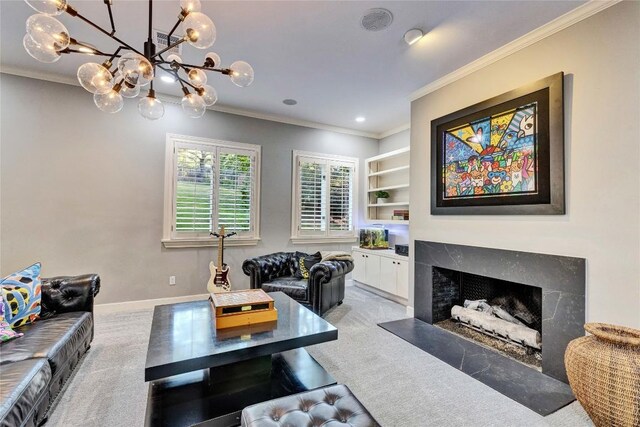 4812 Mantle Dr, Austin, TX 78746 - living area with light carpet, crown molding, a fireplace, a chandelier, and recessed lighting
