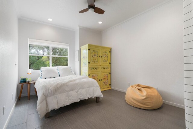 707 W Creek Dr, Dripping Springs, TX 78620 - bedroom with ornamental molding, recessed lighting, and ceiling fan
