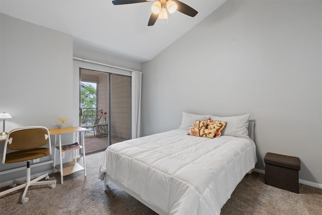 203 E 31st St Unit 304, Austin, TX 78705 - bedroom featuring carpet, access to exterior, vaulted ceiling, ceiling fan, and an office area