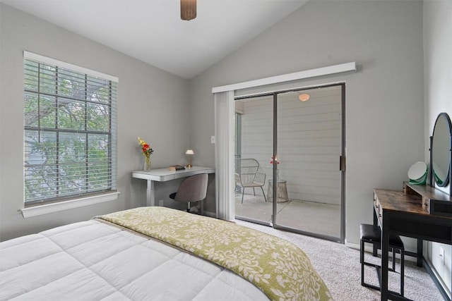 203 E 31st St Unit 304, Austin, TX 78705 - bedroom featuring carpet, vaulted ceiling, an office area, ceiling fan, and access to exterior