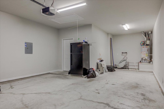 216 Allegrini St, Leander, TX 78641 - garage featuring electric panel, water heater, freestanding refrigerator, and a garage door opener