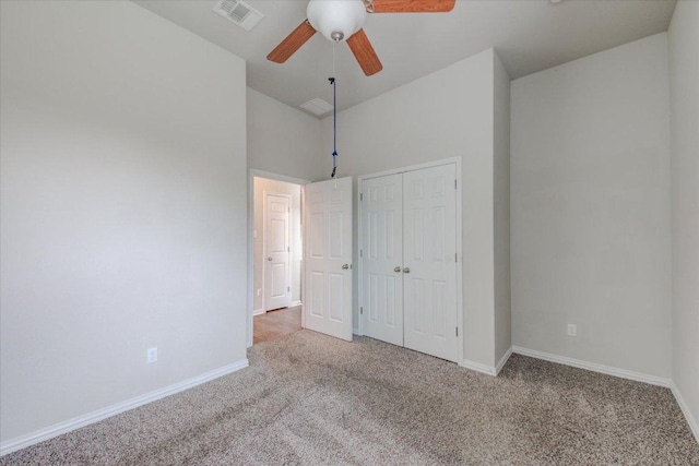 216 Allegrini St, Leander, TX 78641 - unfurnished bedroom featuring carpet flooring, a closet, ceiling fan, and a towering ceiling